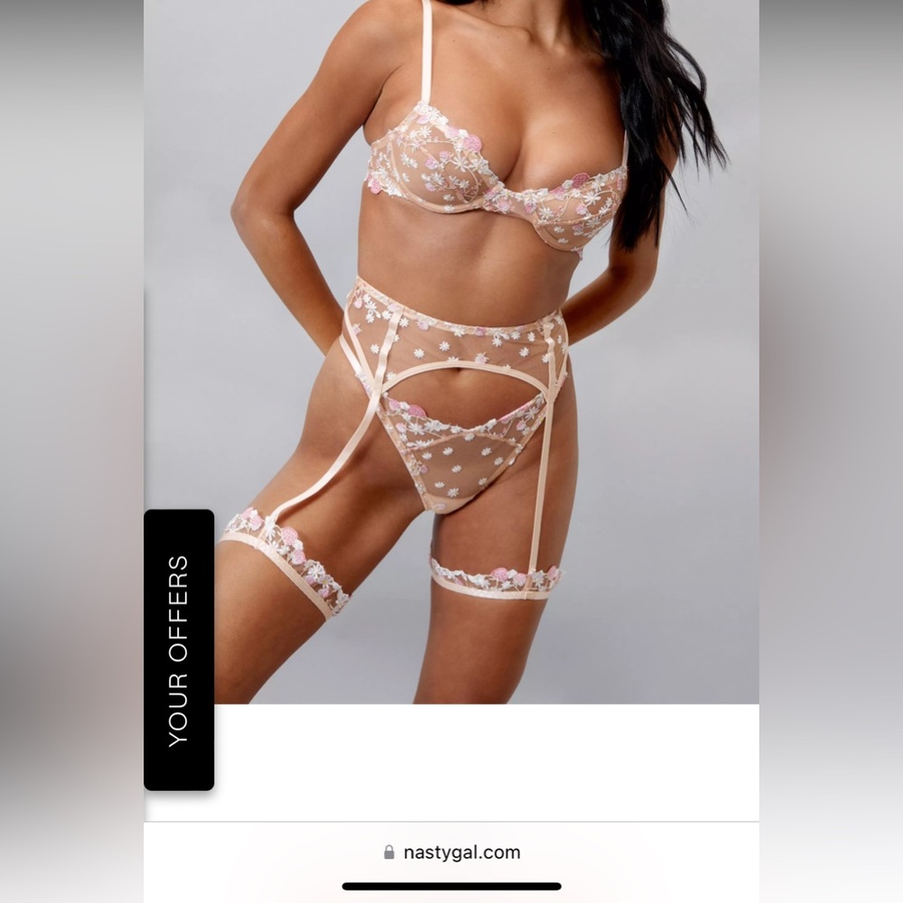 Nasty Gal Strawberry Embroidered Ruffle Underwire 3pc Lingerie Set NWT